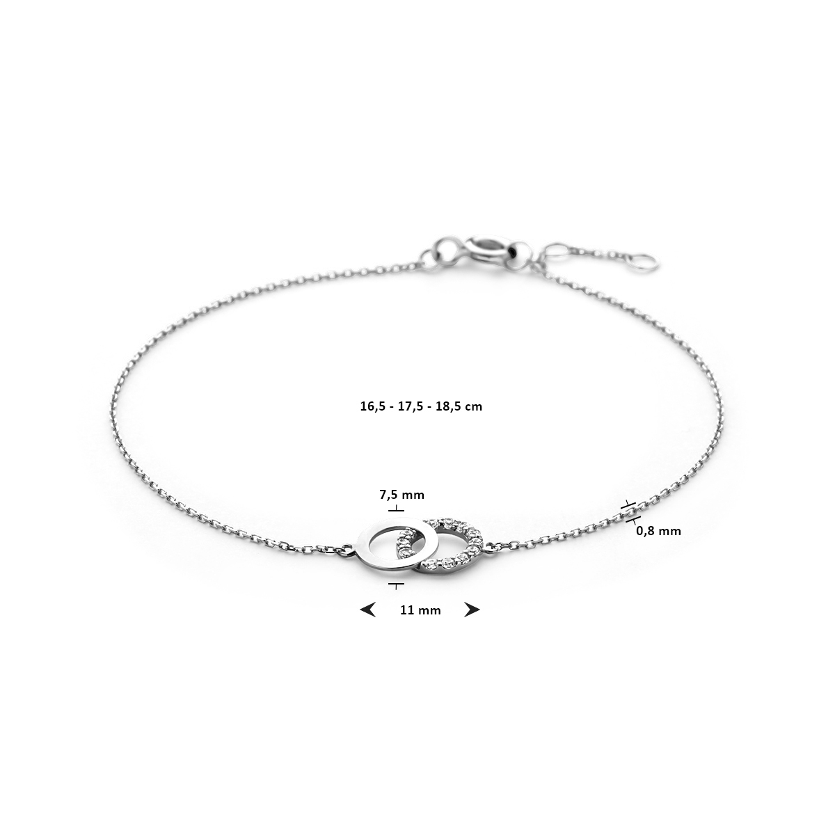 14-karaat witgouden dames armband met anker schakels en zirkonia - Lengte 16.5-17.5-18.5 cm