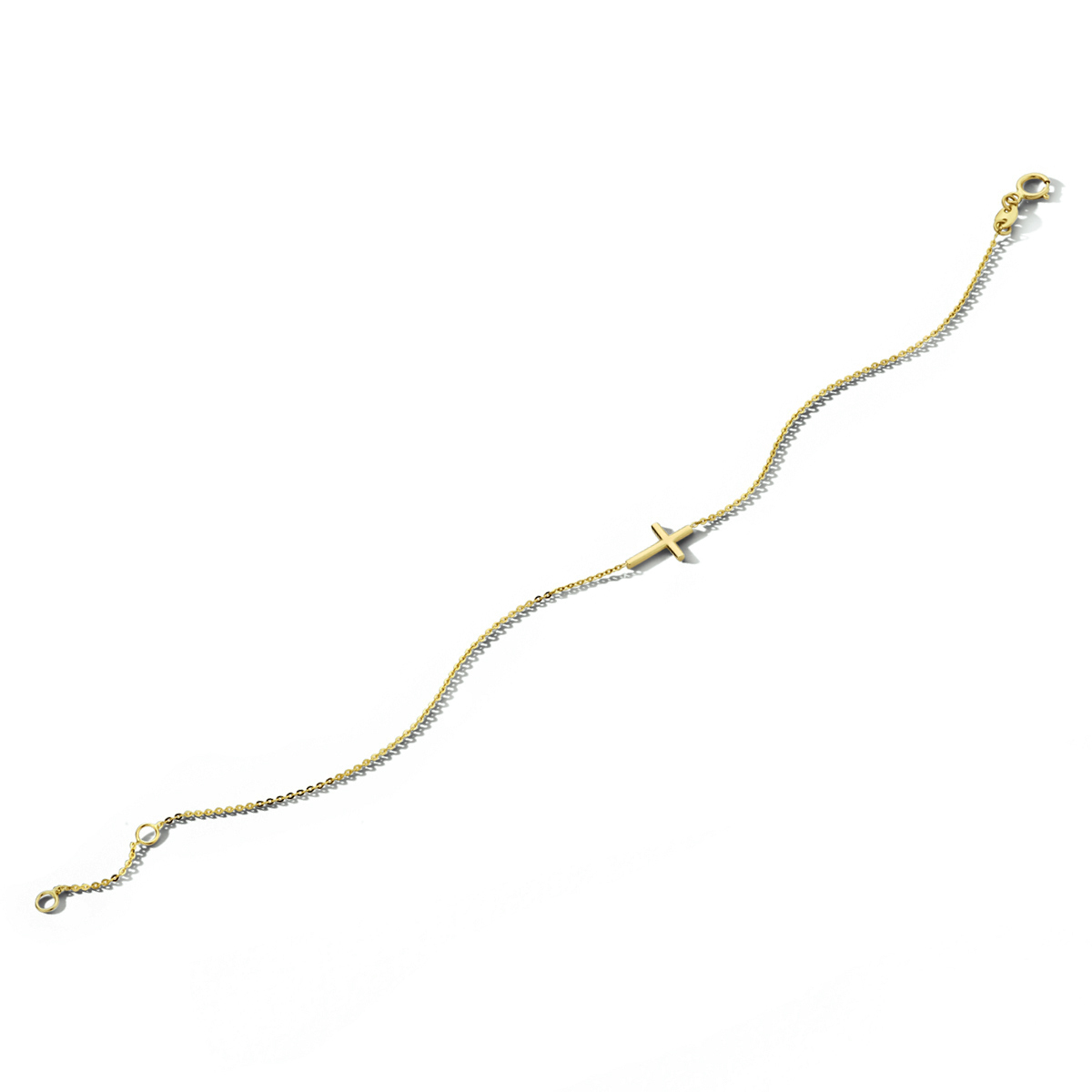 14-karaat gouden schakelarmband met kruisje en ankerschakels 7.4 mm breed - Lengte 16.5-18.5 cm