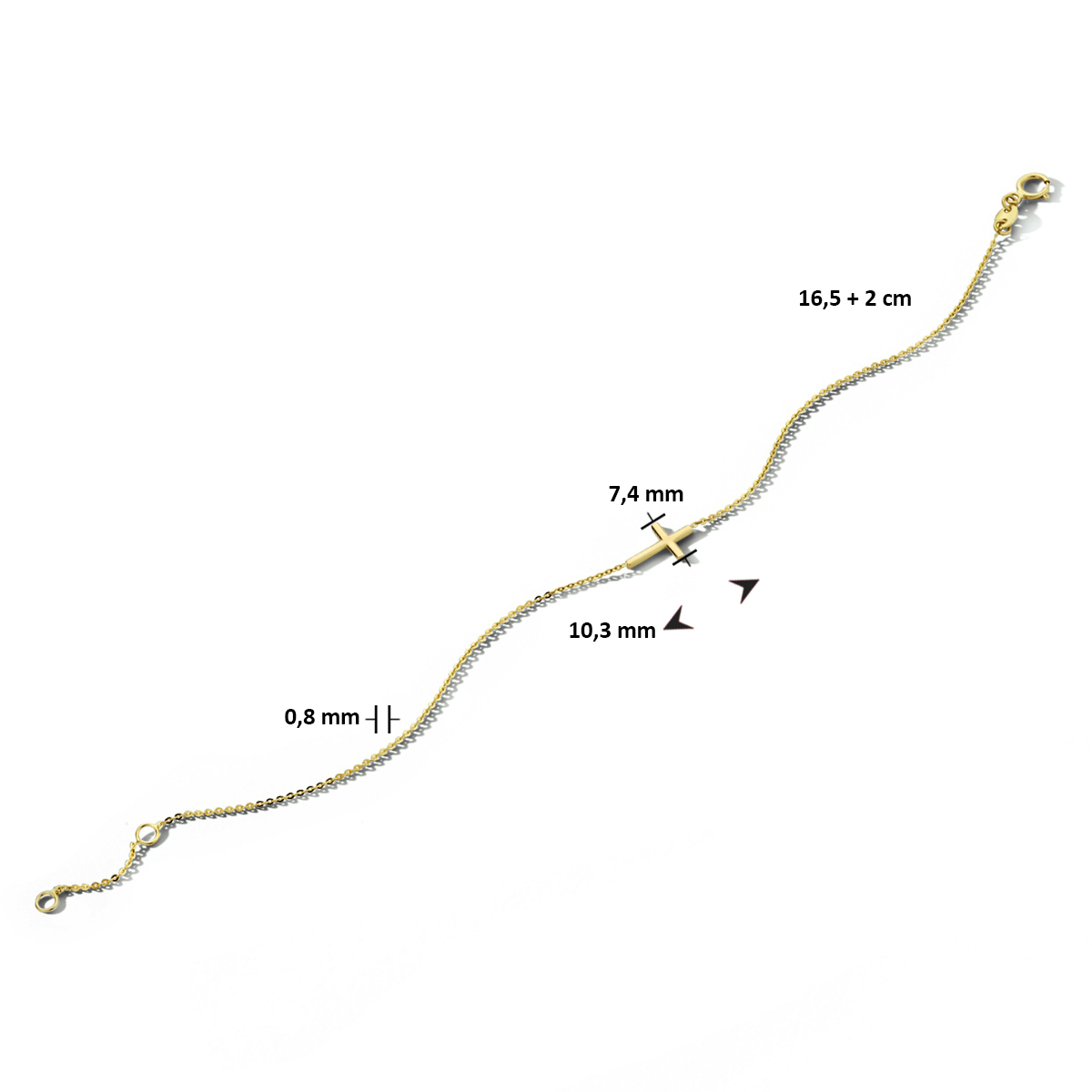 14-karaat gouden schakelarmband met kruisje en ankerschakels 7.4 mm breed - Lengte 16.5-18.5 cm