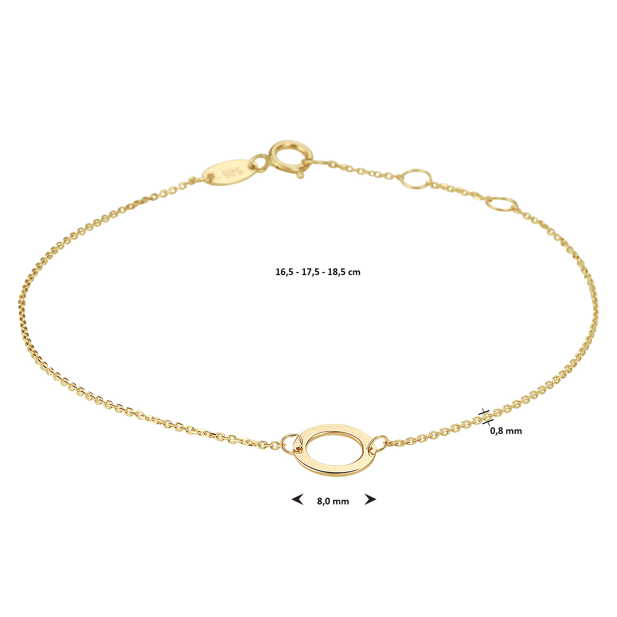14-karaat gouden schakelarmband met ankerschakel glanzend 8 mm breed - Lengte 16.5-17.5-18.5 cm