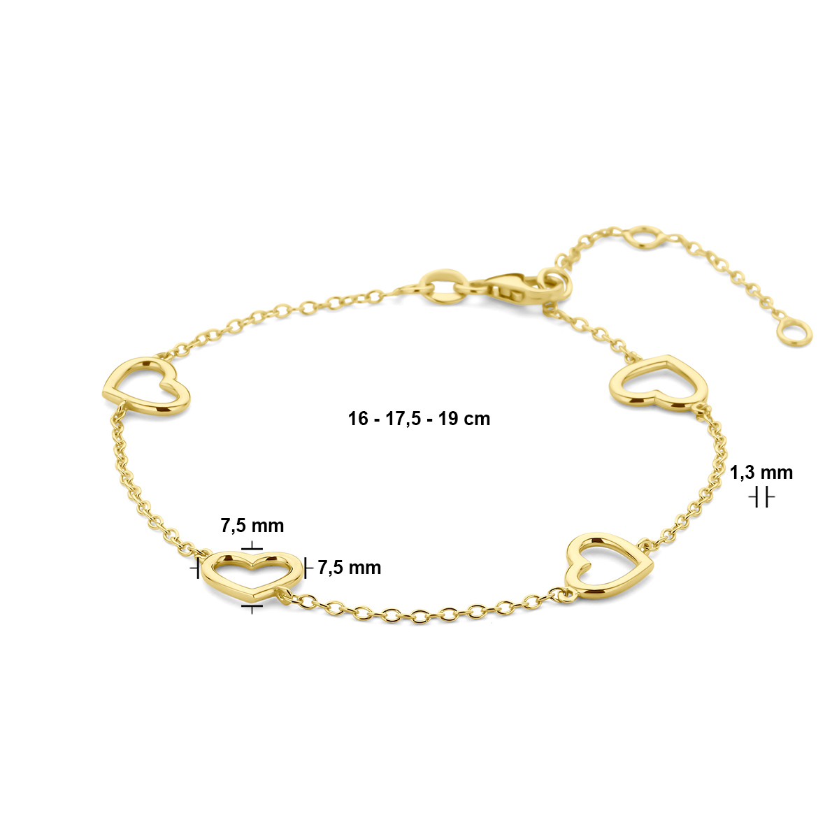 14-karaat gouden schakelarmband met ankerschakel hart 7.5 mm breed - Lengte 16-17.5-19 cm