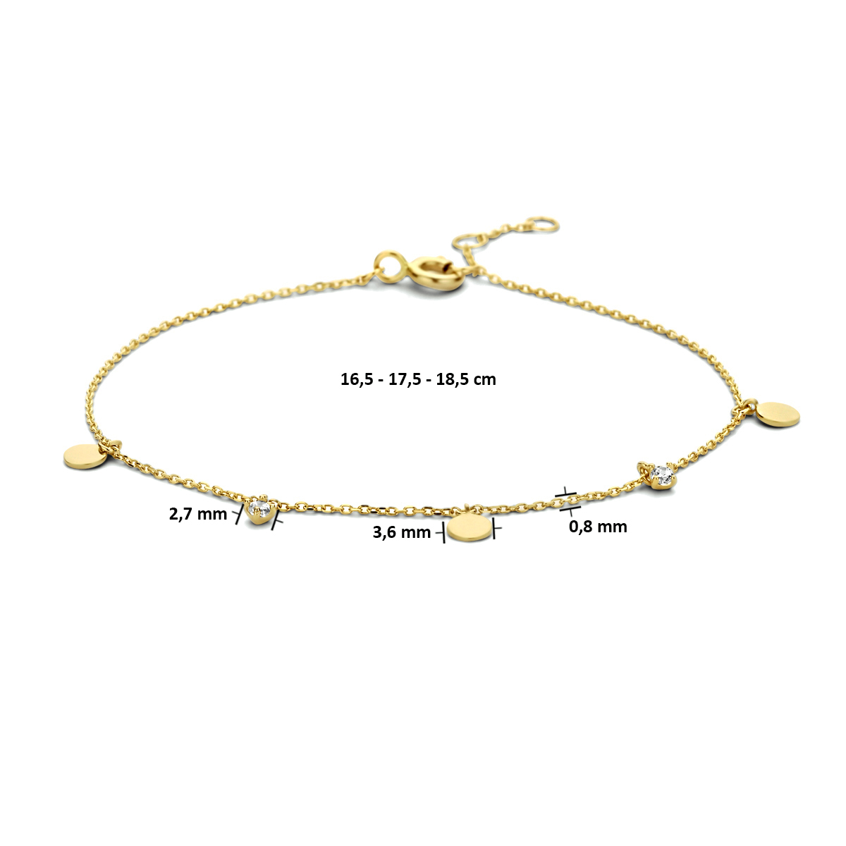 14-karaat gouden armband ankerschakel zirkonia 3.6 mm breed - Lengte 16.5-17.5-18.5 cm