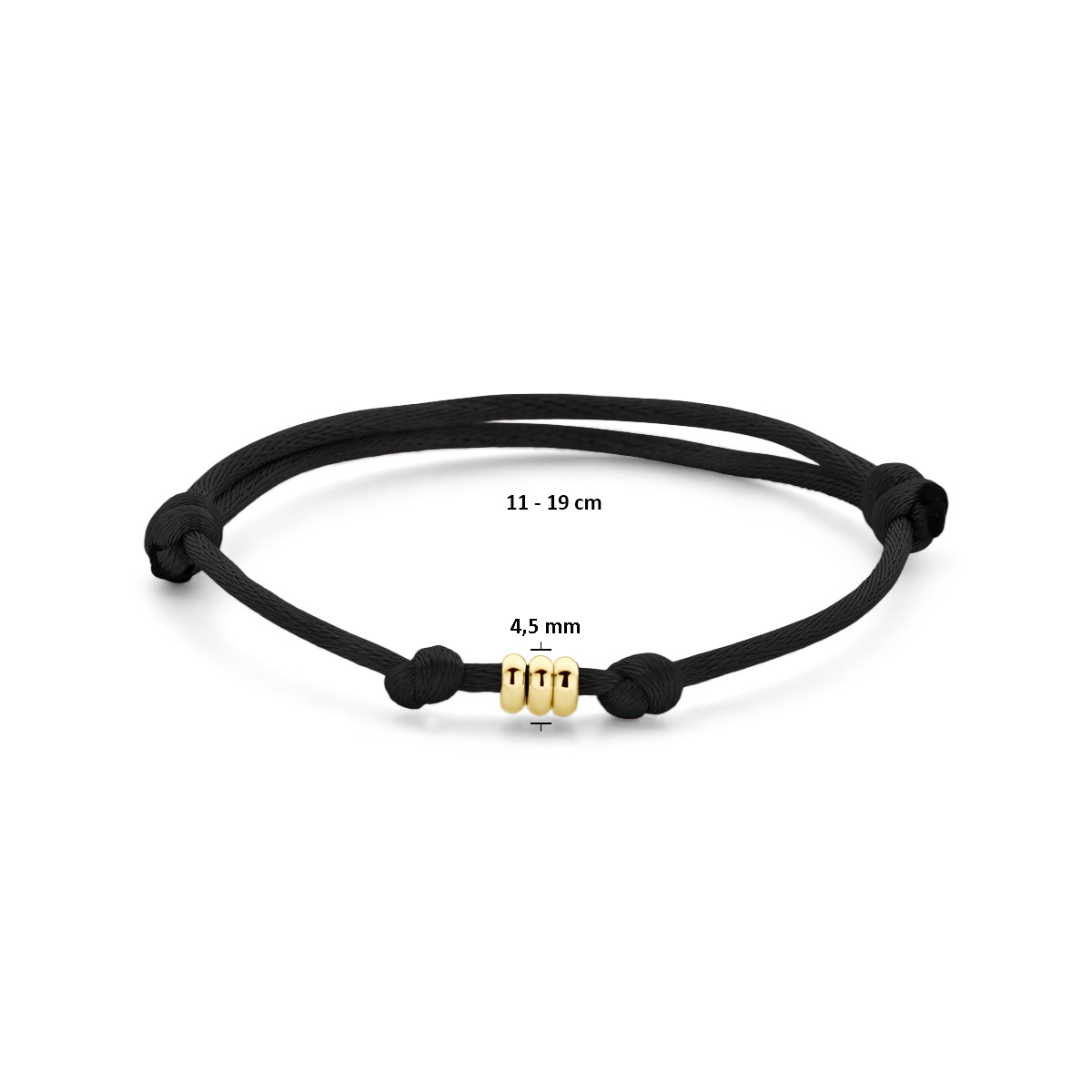 Zwarte en gouden 14-karaat koordarmband voor kinderen 4.5 mm breed - Lengte 11-19 cm