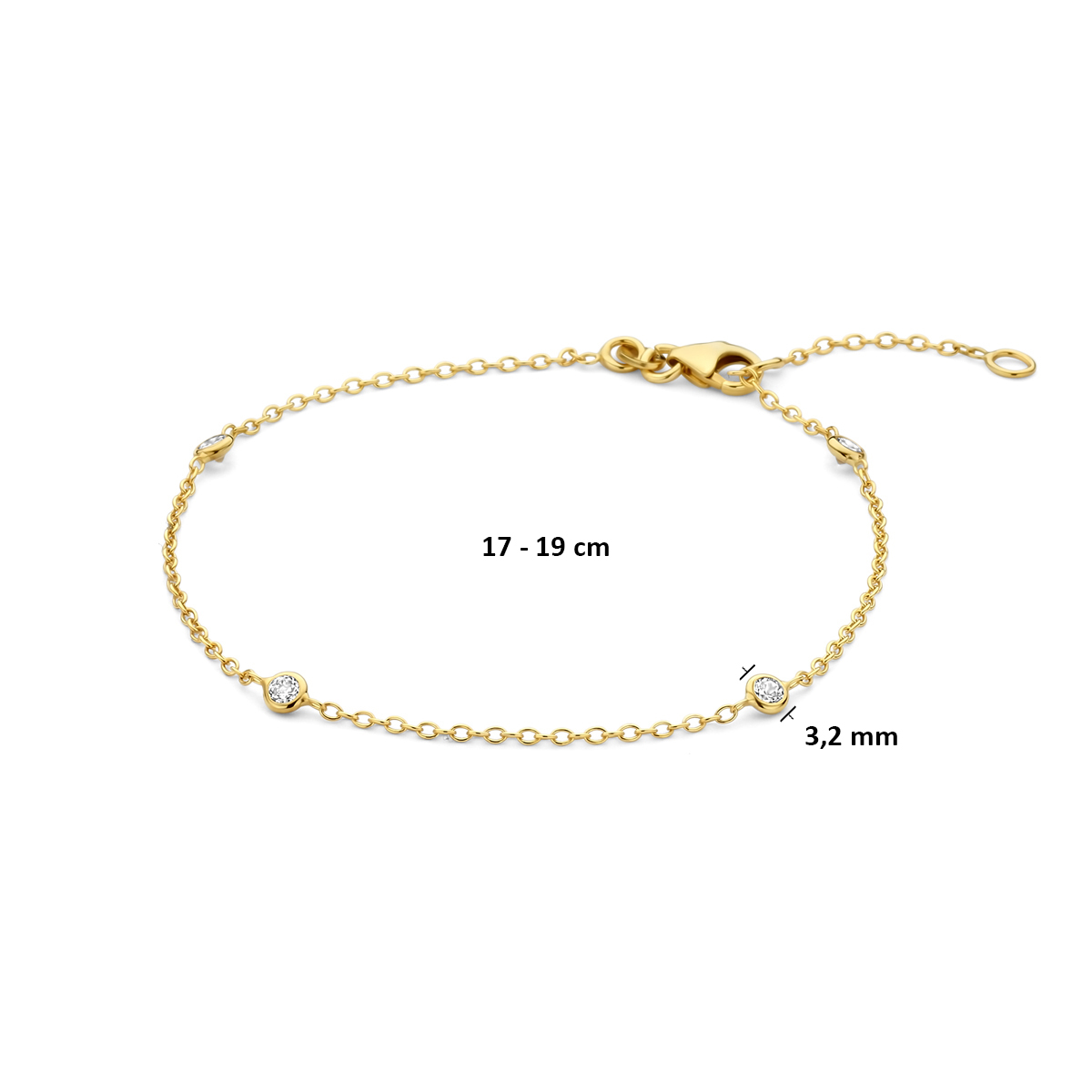 14-karaat gouden armband met zirkonia's en ankerschakels - Lengte 17-19 cm