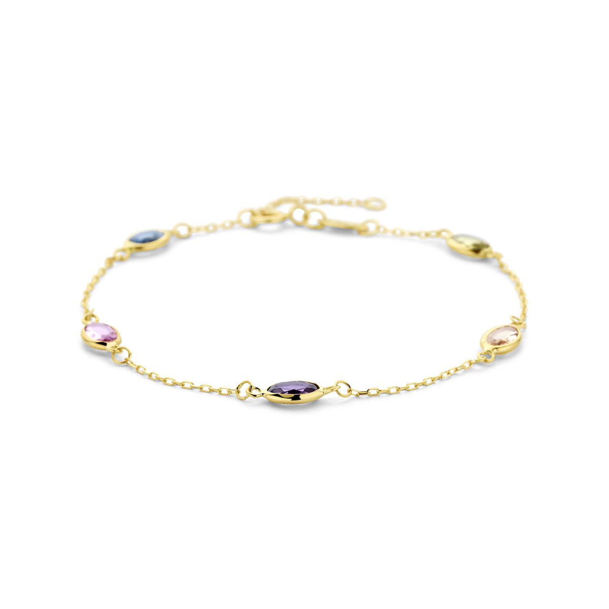 14-karaat gouden schakelarmband met paarse stenen 4.5 mm breed - Lengte 16.5-17.5-18.5 cm