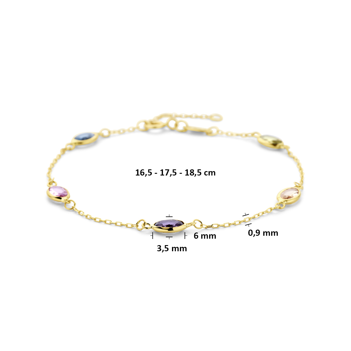 14-karaat gouden schakelarmband met paarse stenen 4.5 mm breed - Lengte 16.5-17.5-18.5 cm