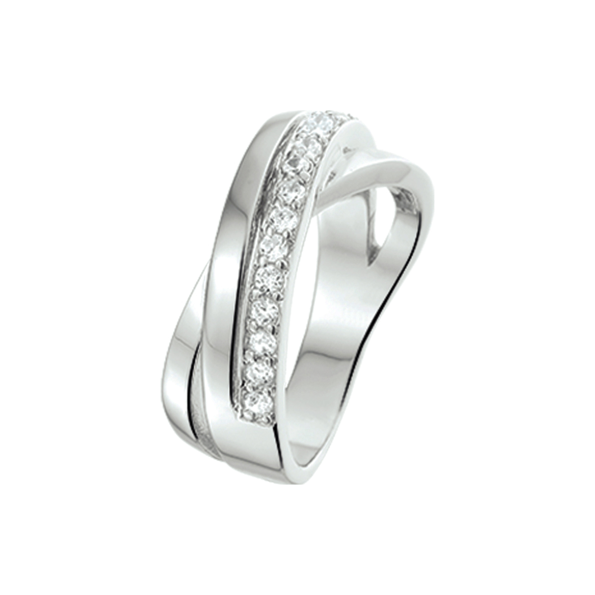 Zilveren crossover ring met pavé gezette transparante zirkonia's 9 mm breed