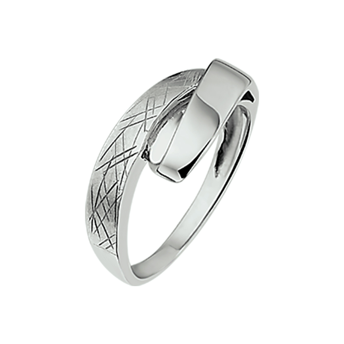 Zilveren ring met asymmetrisch design scratched en glanzend 9.5 mm breed
