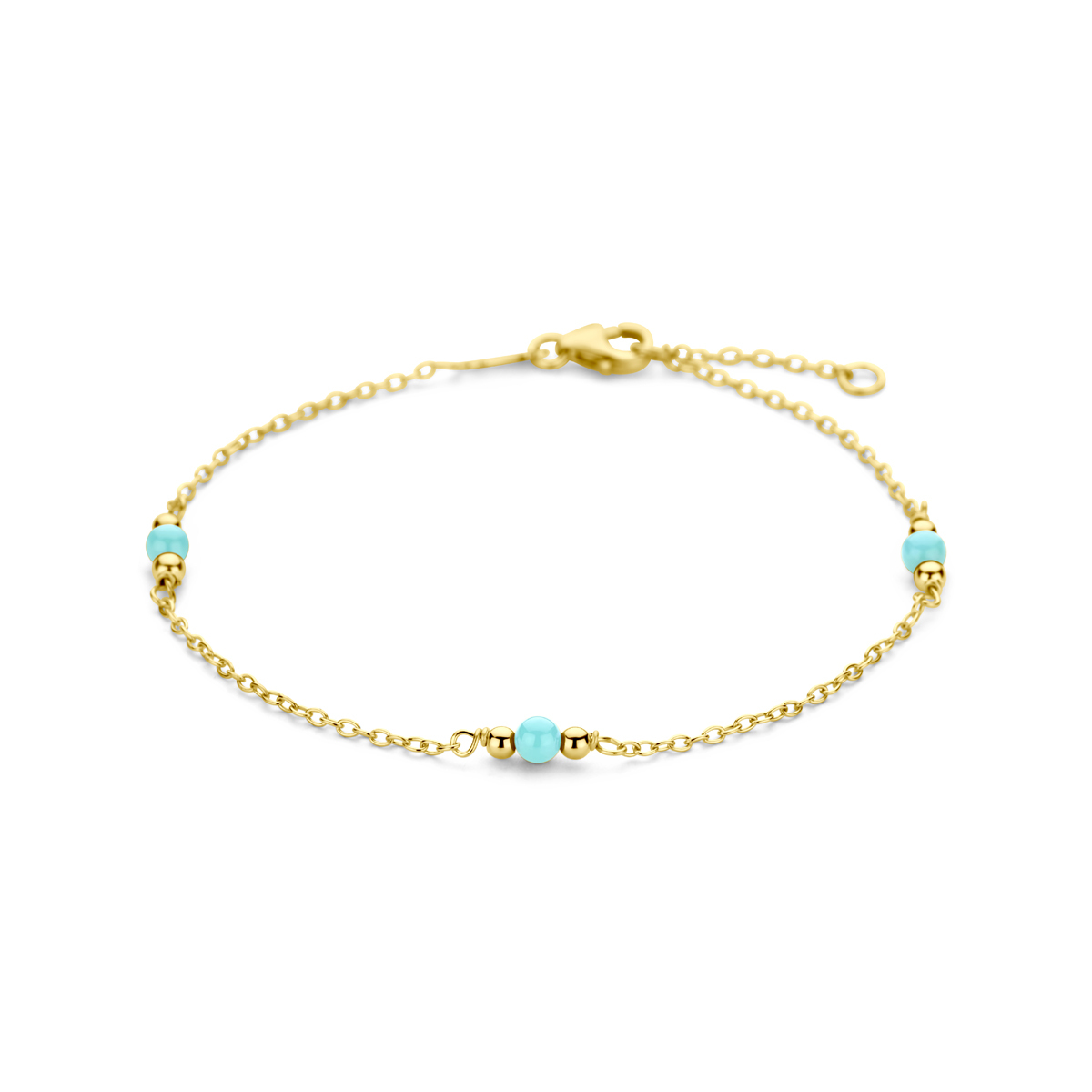 14-karaat gouden armband met turquoise cabochon stenen 3 mm breed