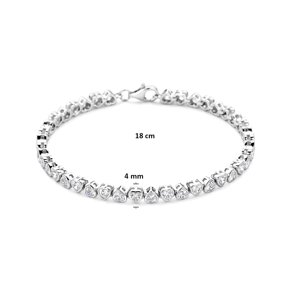 Zilveren tennisarmband met zirkonia hartjes 4 mm breed - Lengte 18 cm