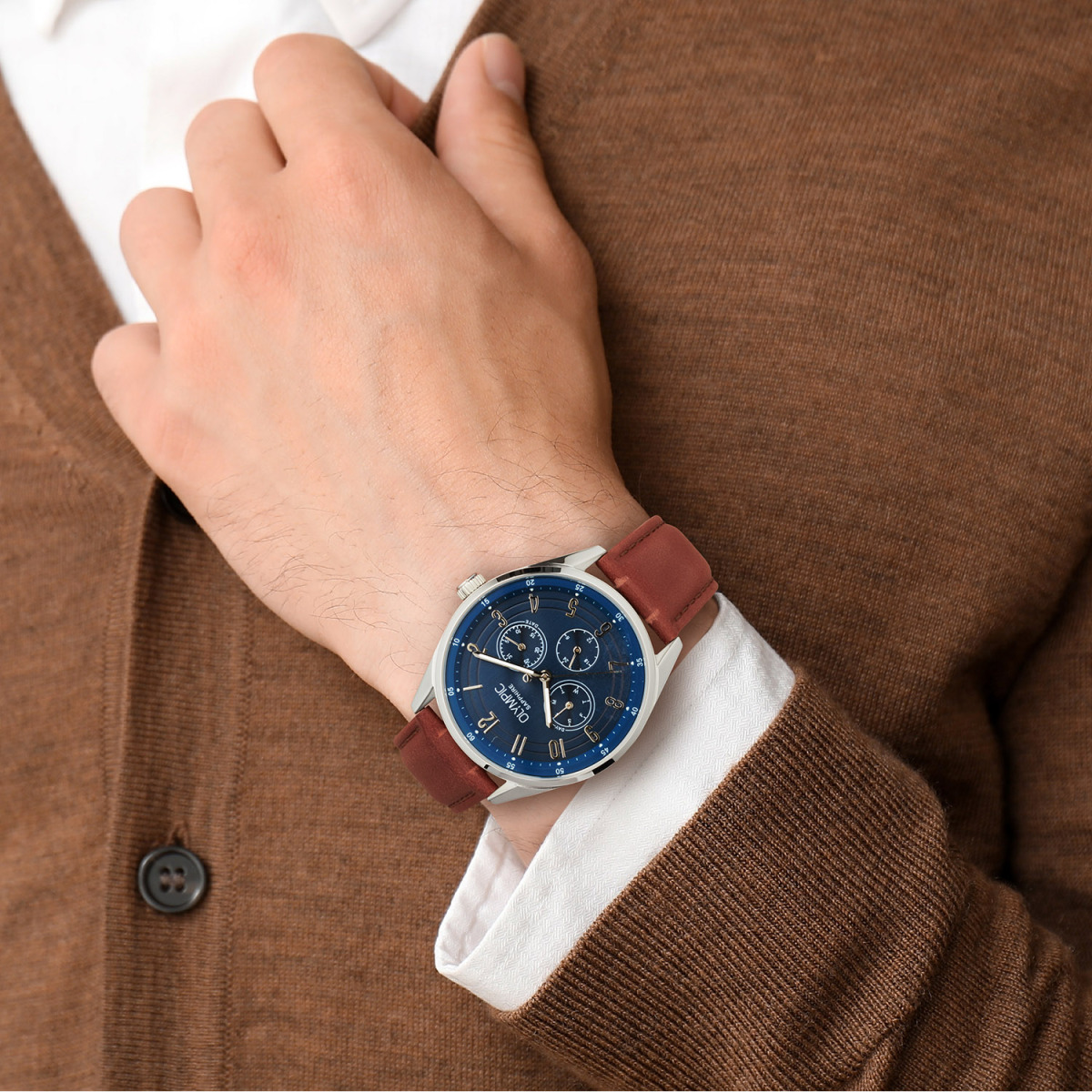 Olympic Daily Classic OL90HSL001 bruin leren herenhorloge met blauwe wijzerplaat - Ø 40 mm