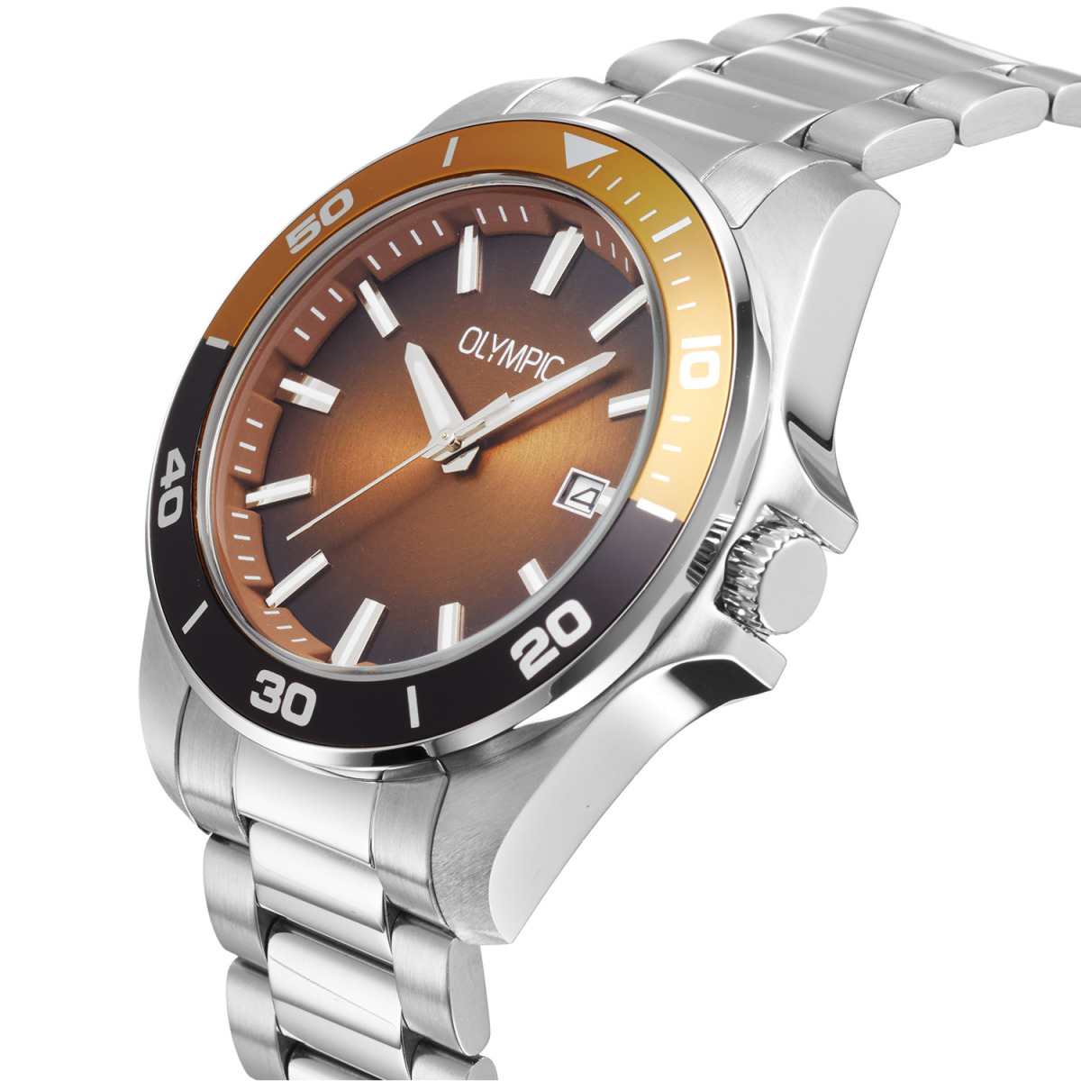 Olympic Wout OL90HSS006 herenhorloge van staal met bruine wijzerplaat - Ø 40 mm