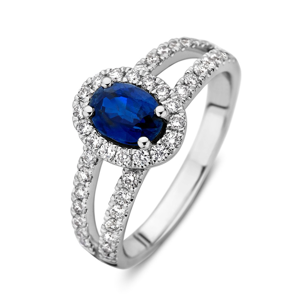 Witgouden diamanten ring met blauwe saffier