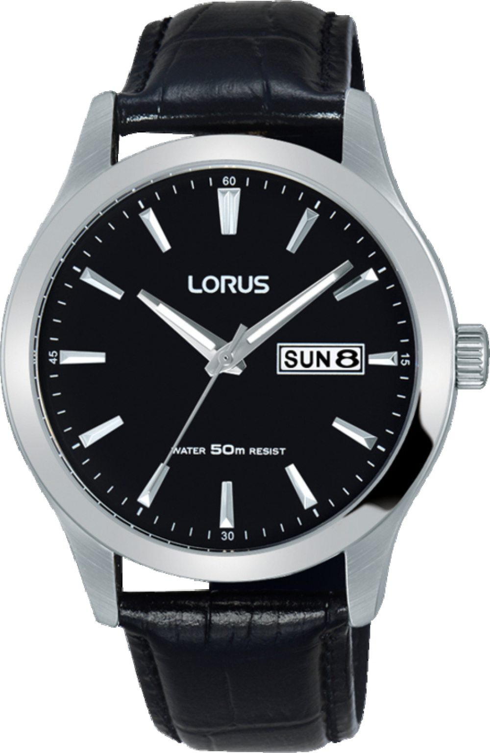 Lorus RXN27DX5 herenhorloge met zilverkleurige kast en zwartlederen band - Ø 40 mm