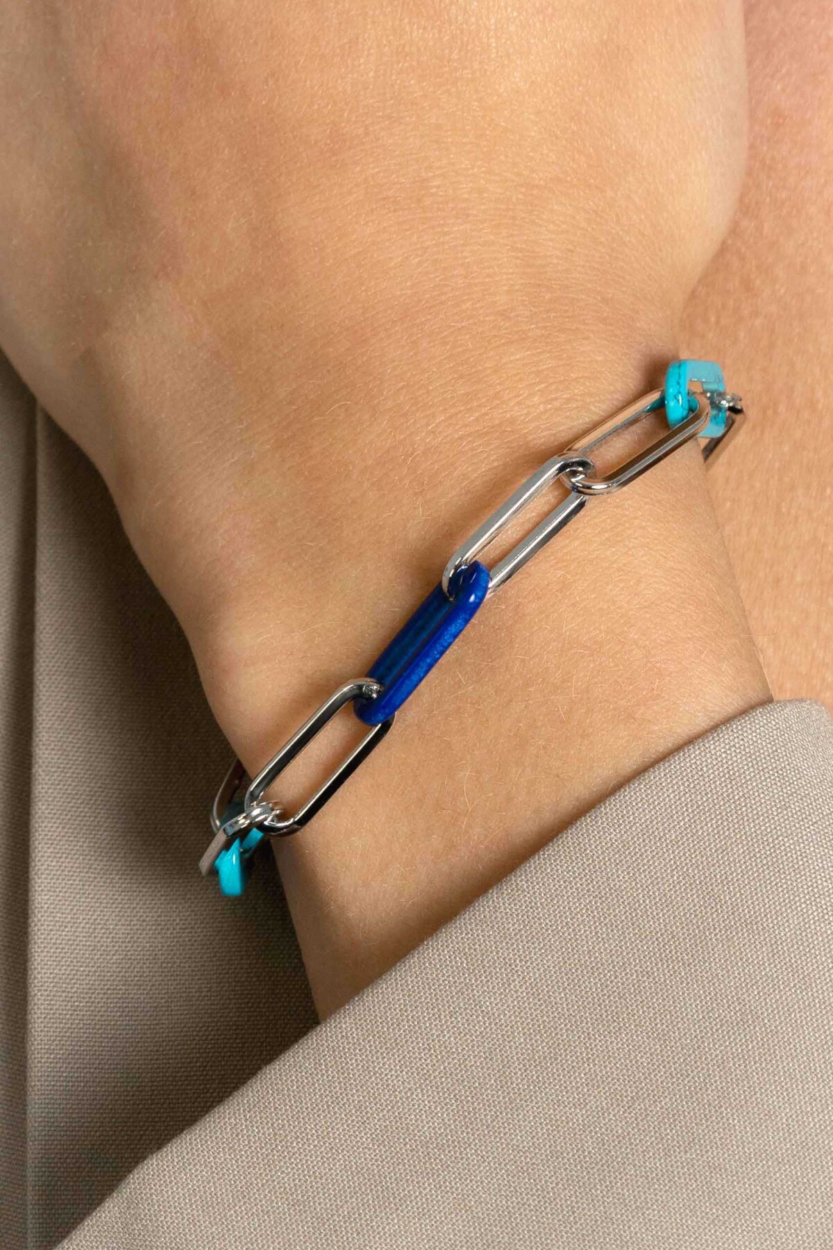 Zinzi Chain ZIA2456 zilveren armband met blauwe en turquoise schakels 7 mm breed - Lengte 19 cm