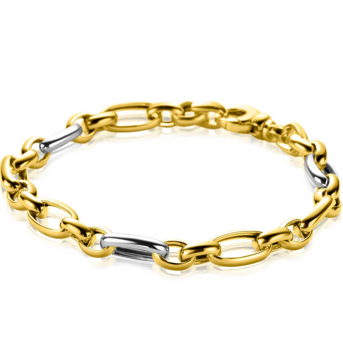 Zinzi ZIA2639 gold plated schakelarmband met 3 zilveren ovale schakels 7.5 mm breed - Lengte 19 cm