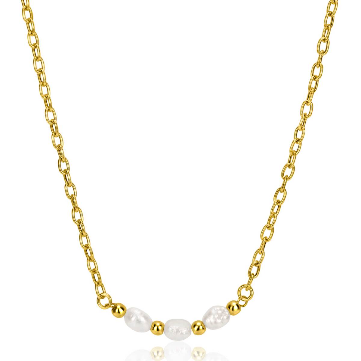 Zinzi ZIC2643 gold plated jasseron ketting met witte zoetwaterparels - Lengte 42-45 cm