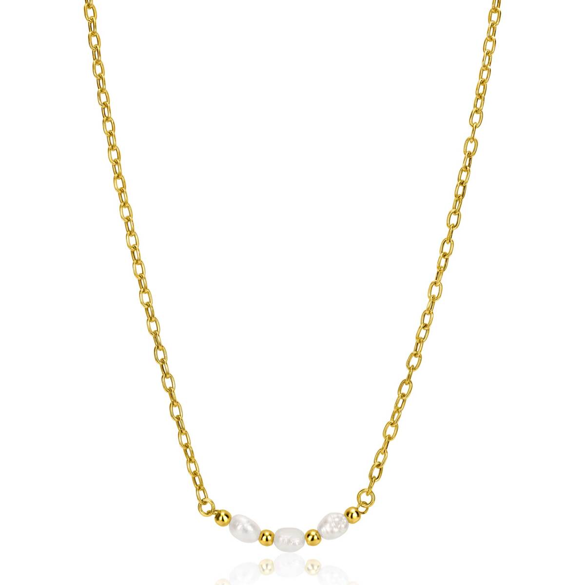 Zinzi ZIC2643 gold plated jasseron ketting met witte zoetwaterparels - Lengte 42-45 cm