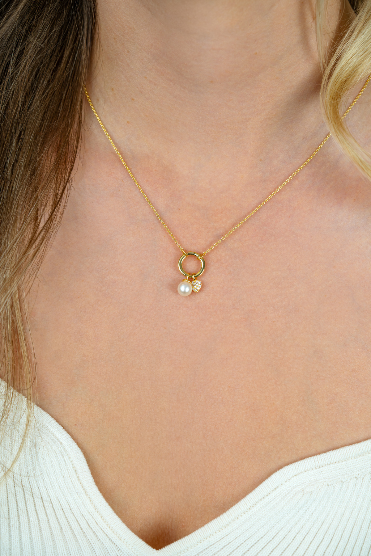 Zinzi Liekes Favorieten ZIC2738 gold plated ketting hart en parel 10 mm - Lengte 42-45 cm