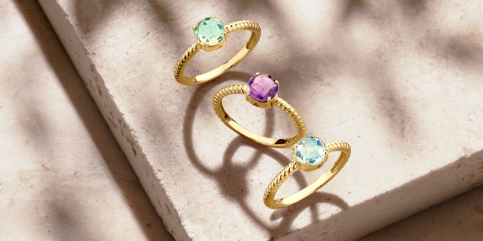 Paarse amethist, groene amethist en aquamarijn steen ringen